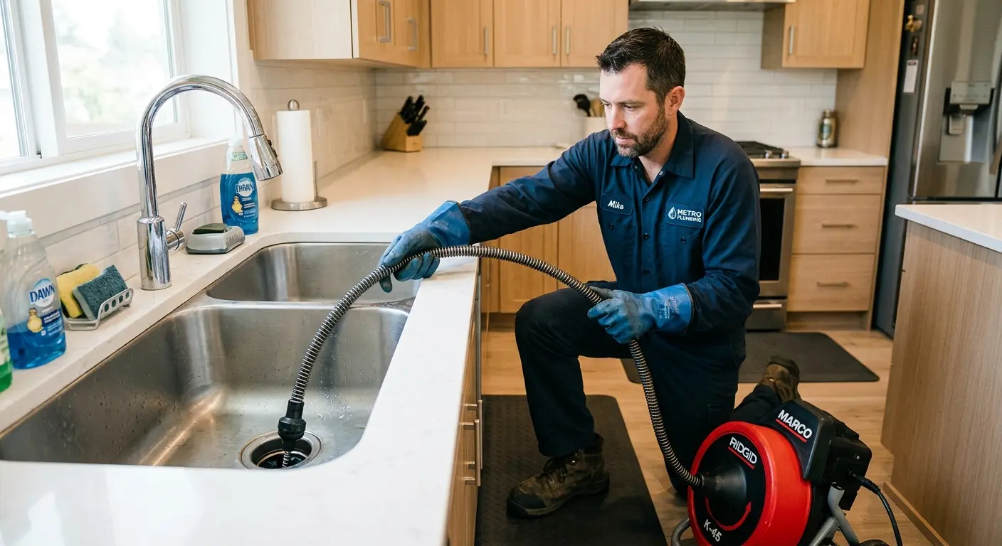 Drain cleaning technician using a motorized snake on a kitchen sink in Sedona