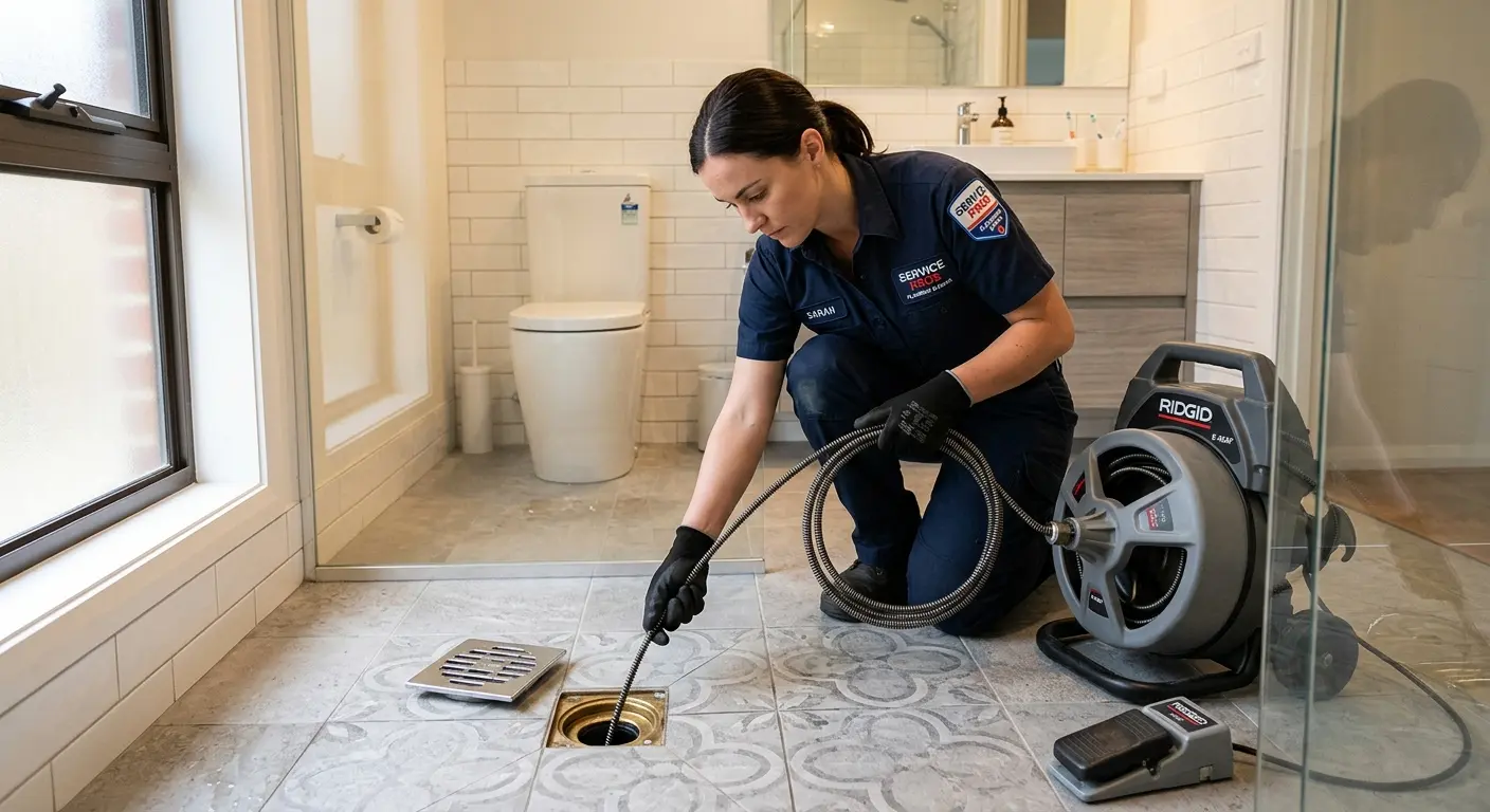 Technician clearing a bathroom floor drain for Sewer Line Replacement in Sedona